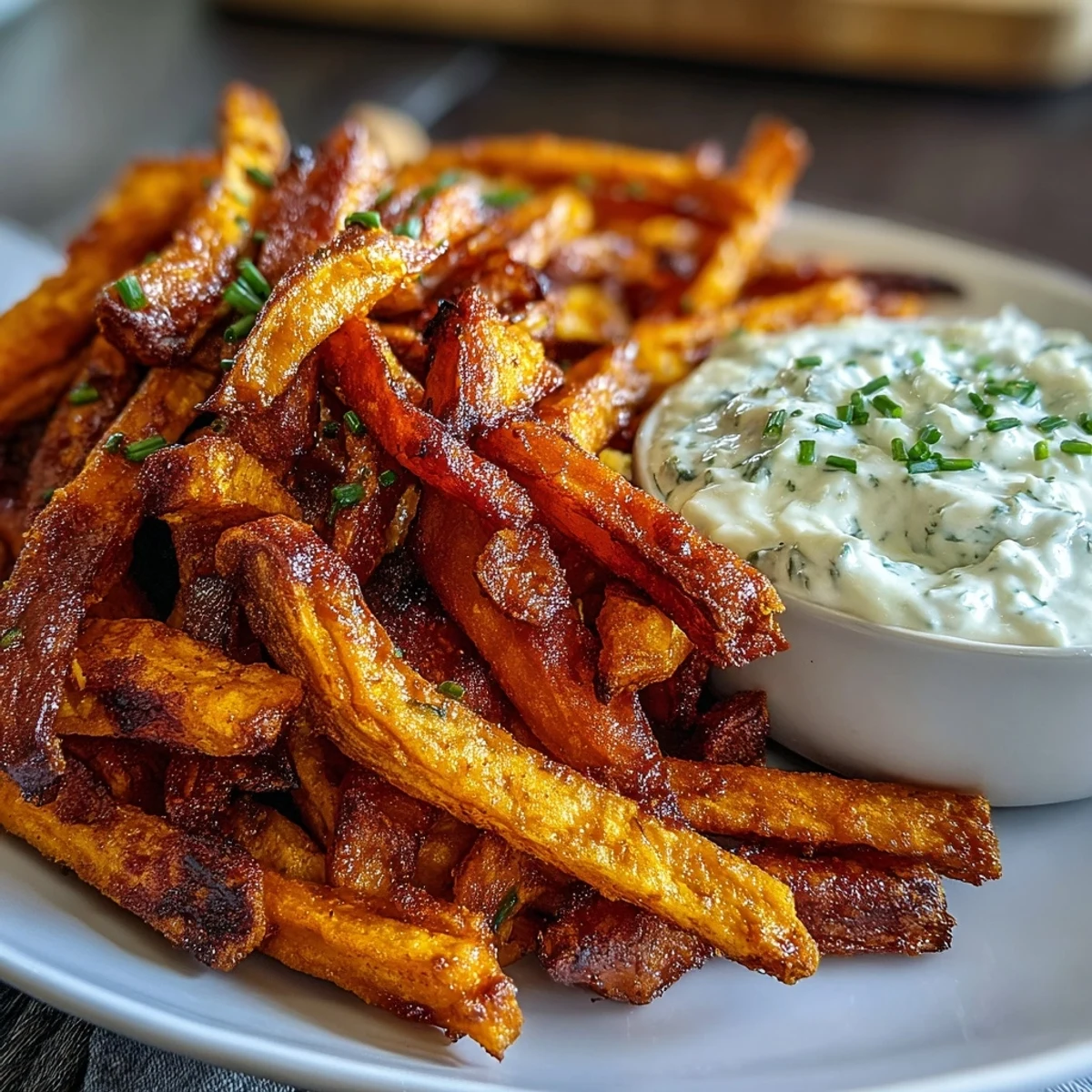Golden-brown sweet potato fries fresh from the air fryer, paired with tangy onion dip for a delicious vegetarian snack.  