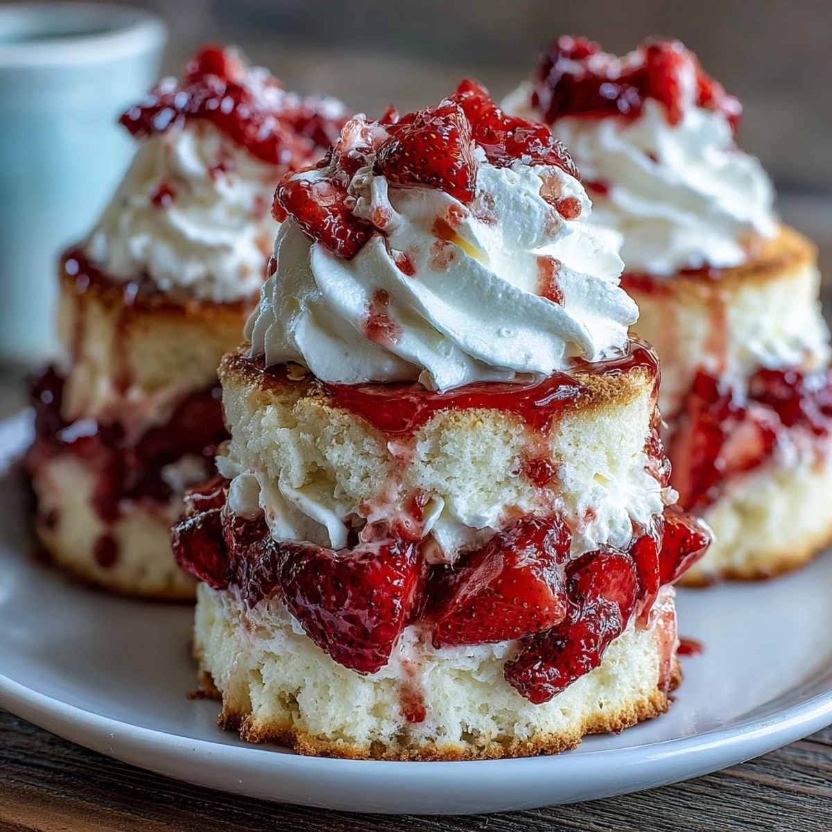 Heart-shaped strawberry shortcakes layered with macerated berries and sweet whipped cream, perfect for a romantic dessert.