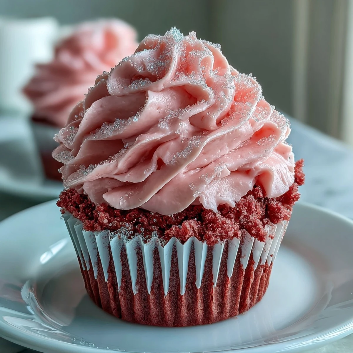Fluffy pink velvet cupcakes topped with swirls of creamy cream cheese frosting, decorated with pink sprinkles for a festive Galentine's treat.