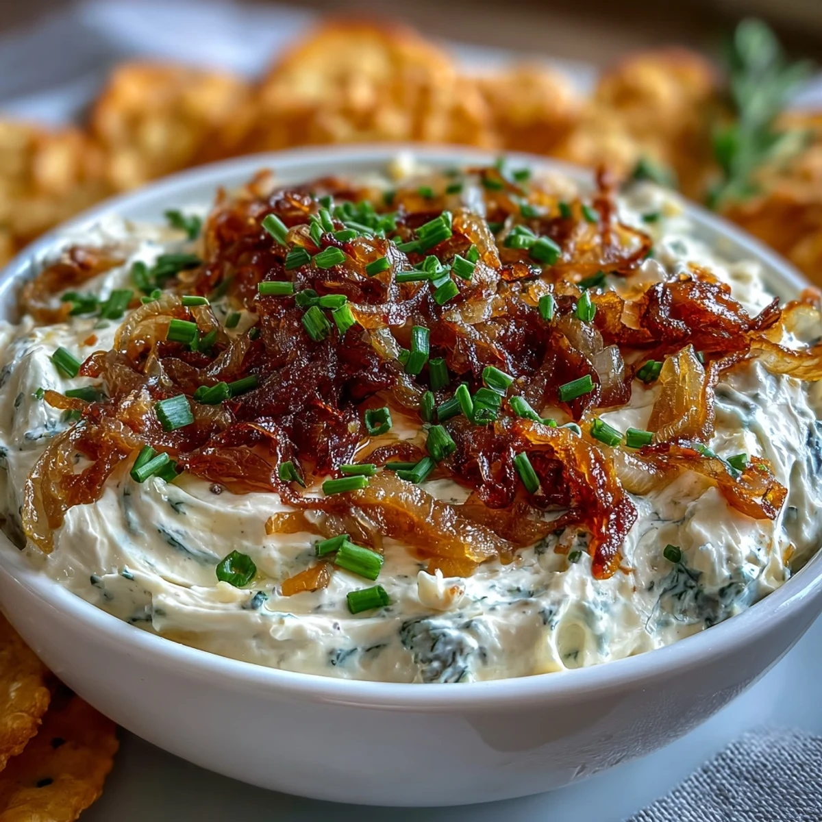 Rich caramelized onion dip blending tangy sour cream and chives, perfect for dipping crunchy potato chips or fresh veggies.