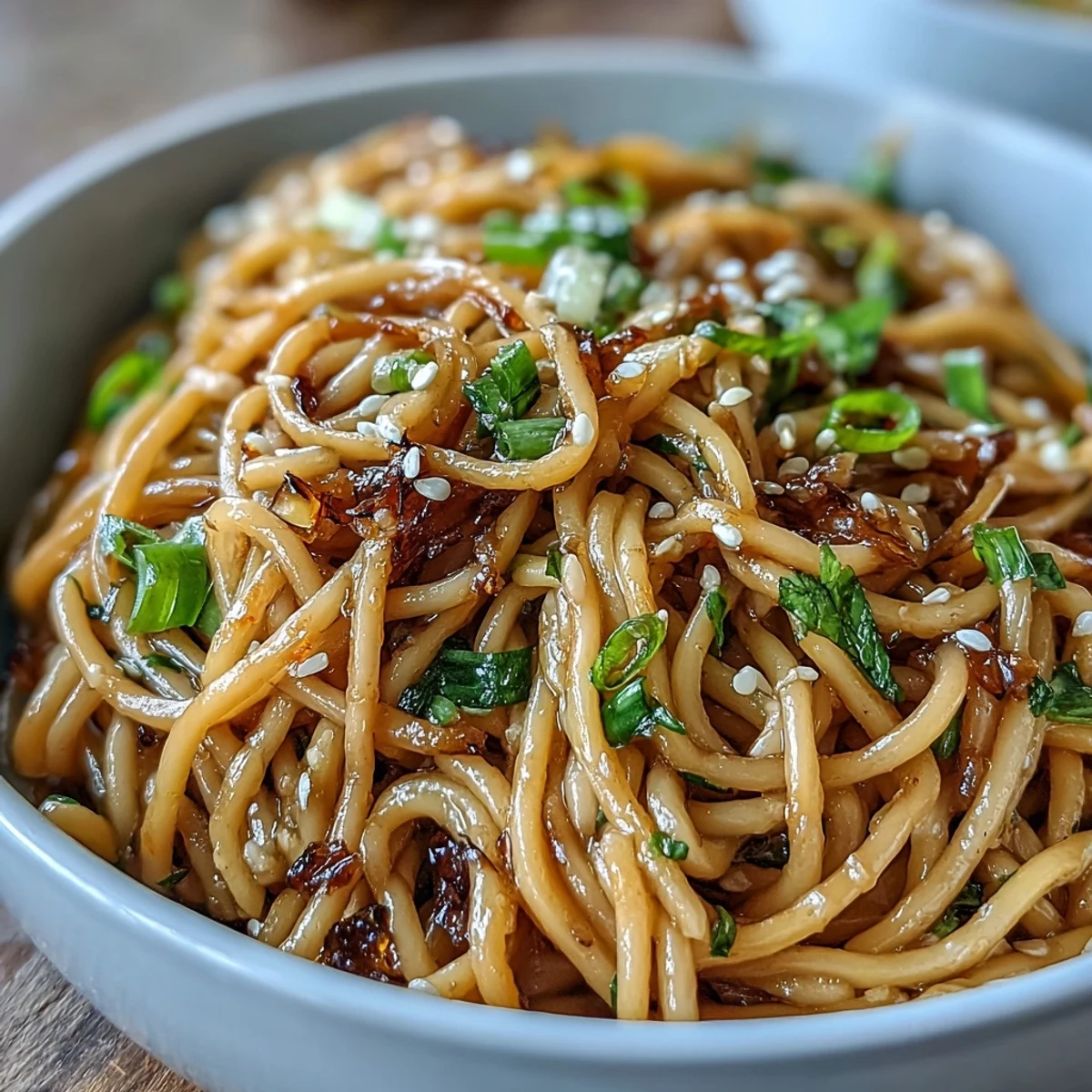 Aromatic Asian ginger scallion noodles tossed in a savory soy glaze with fresh herbs and sesame seeds.  