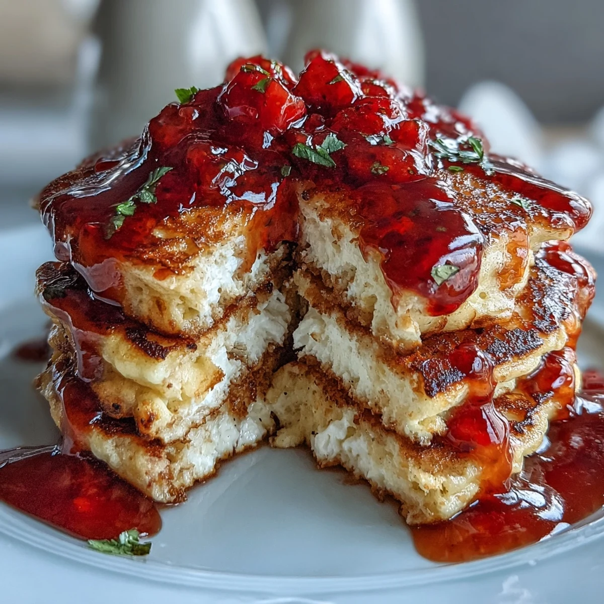 Protein-rich cottage cheese pancakes drizzled with fresh strawberry syrup, perfect for a wholesome morning meal.