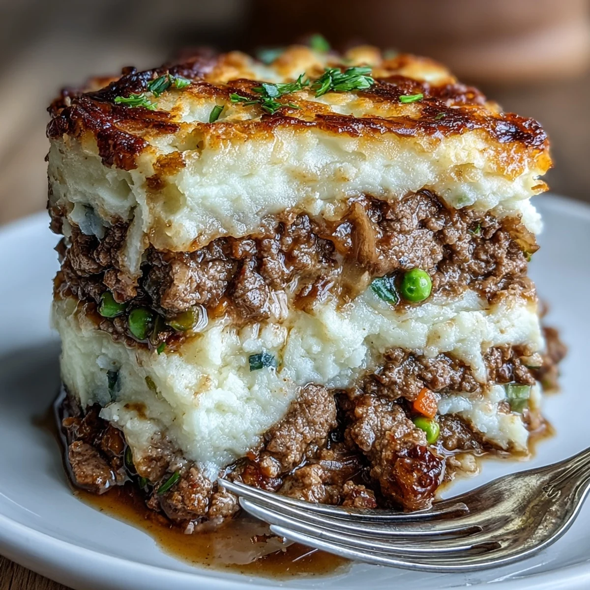 Comforting shepherd's pie with cauliflower mash topping, showcasing golden crust and savory meat filling beneath creamy vegetable layer.
