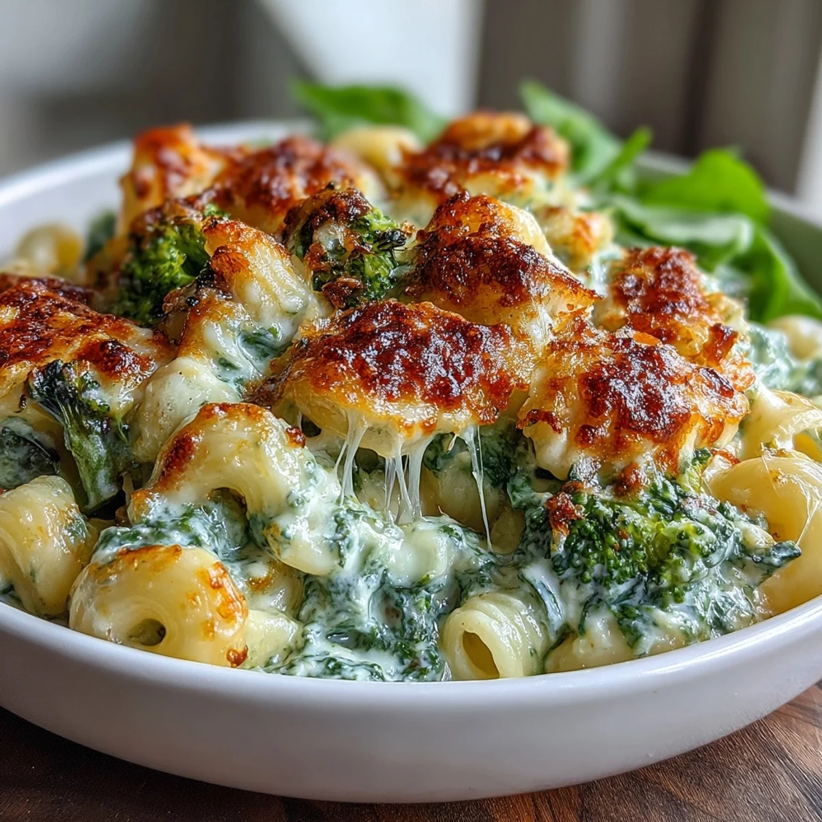 Bright green mac and cheese featuring broccoli, spinach, and a blend of cheeses served hot from the stovetop.