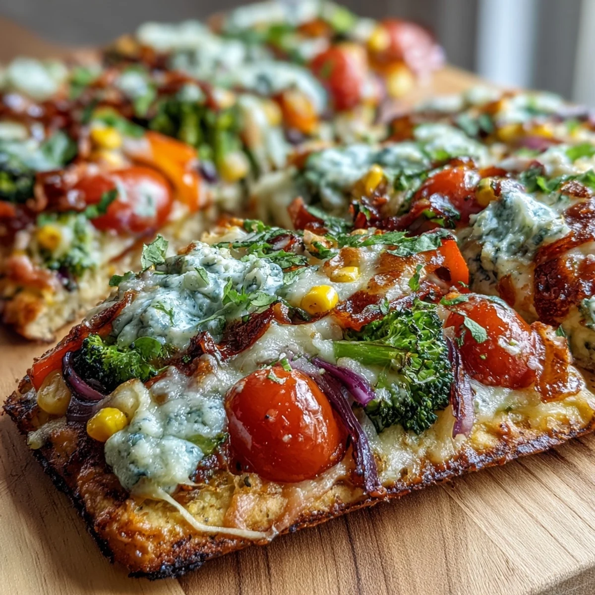 Festive St. Patricks Day Rainbow Veggie Flatbread Pizza with vibrant vegetables arranged in a colorful arc, baked until cheese is bubbly and golden.