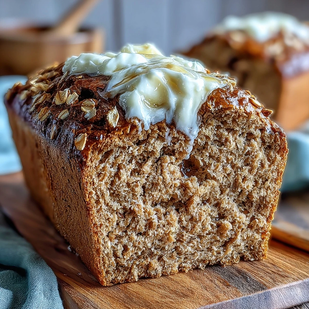 Rustic whole wheat loaf served warm with creamy honey butter and oat topping.