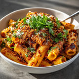 A close-up of the flavorful Ethiopian berbere pasta, red sauce and bread crumbs.