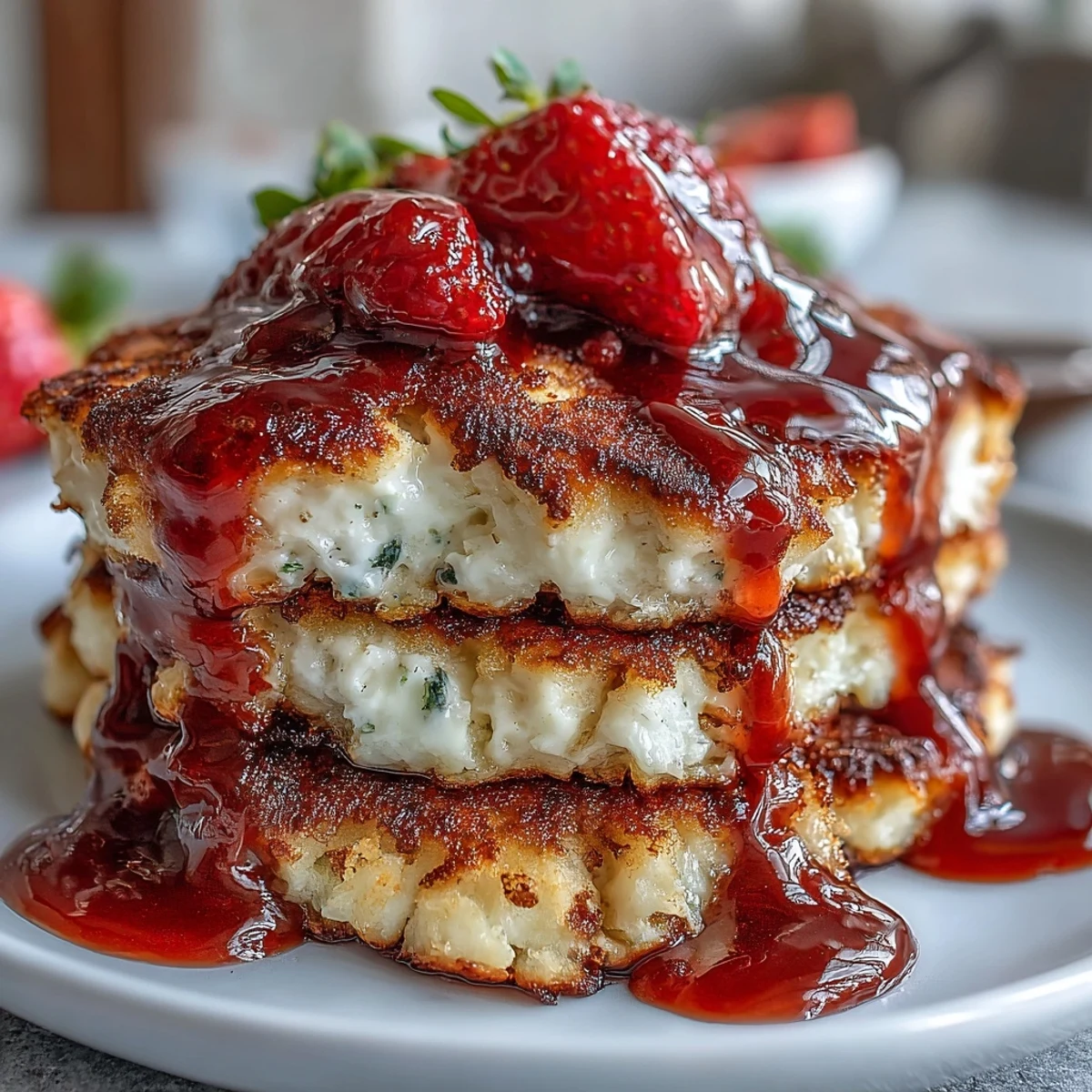 Golden brown pancakes made with cottage cheese, served with a luscious homemade strawberry syrup for brunch.  