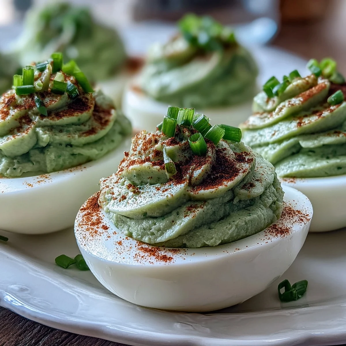 Fresh green deviled eggs filled with creamy avocado, garnished with chives and paprika for a healthy appetizer.
