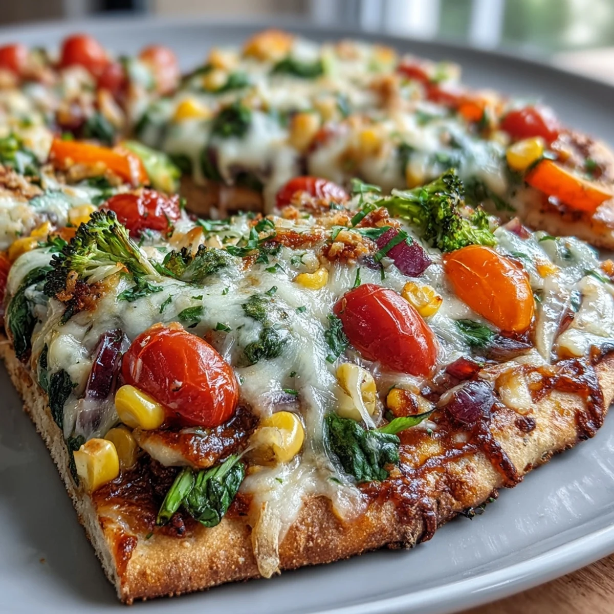 A healthy and eye-catching St. Patricks Day Rainbow Veggie Flatbread Pizza, topped with fresh spinach, bell peppers, and broccoli in a cheerful rainbow pattern.