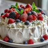 Elegant pavlova dessert featuring a delicate, airy meringue topped with clouds of whipped cream and fresh seasonal berries.  