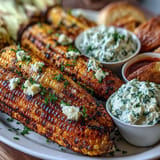 Juicy grilled corn, ready to be slathered with 4 delicious herb butters.