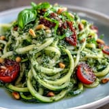 Vibrant zucchini noodles tossed with herbaceous avocado pesto, a delicious low-carb meal.