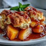 Warm peach cobbler with golden biscuit topping, bubbling joyfully from oven.