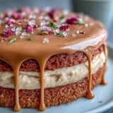 A stunning blushing pink Rosé Velvet Cake adorned with a shimmering gold glaze.