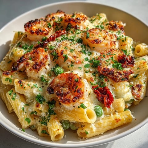 Shrimp Alfredo Casserole fresh from the oven, golden cheese bubbling over creamy pasta.