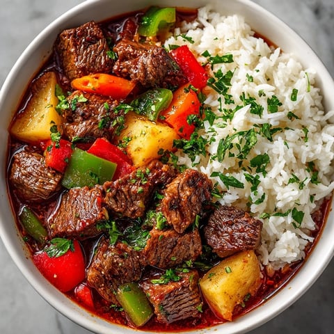 Close-up of savory Cajun Beef Stew with Rice, steamy and garnished with fresh parsley.
