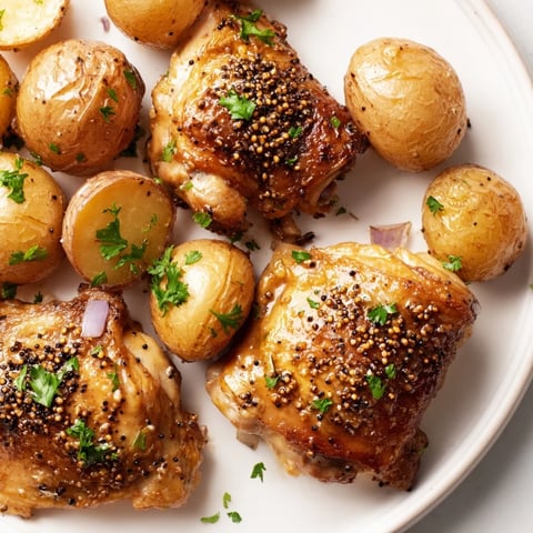 Golden-brown Honey Mustard Chicken and Roasted Potatoes, a flavorful, tempting American dinner feast.