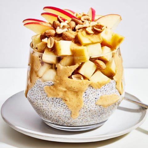 Creamy Apple-Chia Pudding with Peanut Butter, layered with fresh apples and drizzled with syrup.