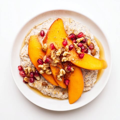 Overnight Oats with persimmon boast vibrant reds from pomegranate, perfect for a balanced breakfast.