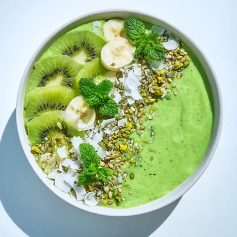 Vibrant Green Smoothie Bowl with kale, cucumber, and kiwi, beautifully topped, providing a healthy breakfast image.