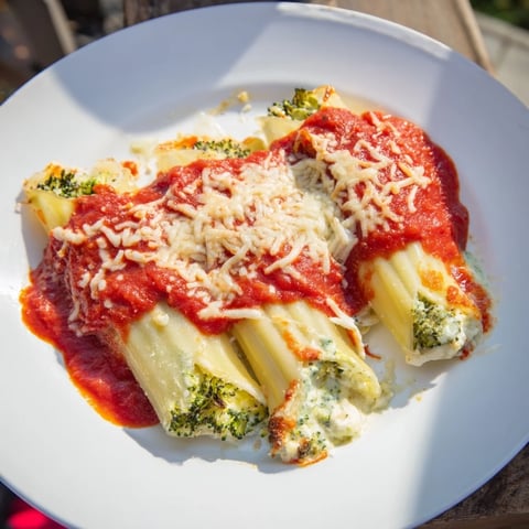 A baking dish of Cozy Broccoli Stuffed Manicotti, bubbling with melted cheese and rich tomato sauce.