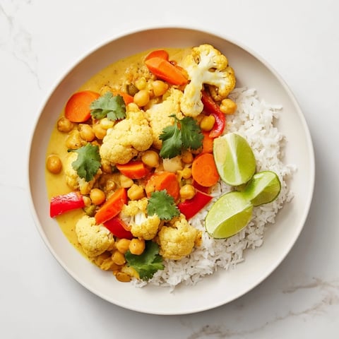 Steaming bowl of curried cauliflower and chickpea coconut stew, garnished with fresh cilantro and lime.