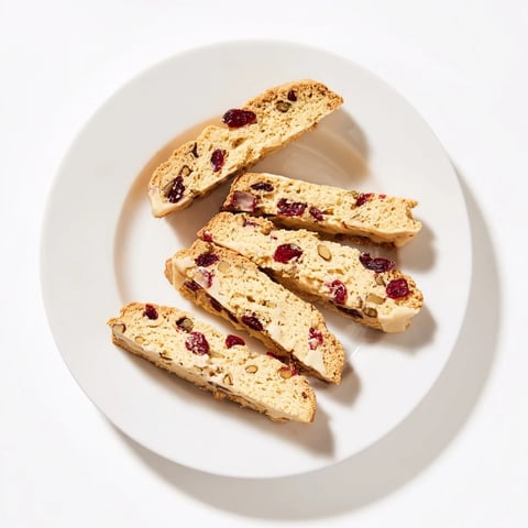 Golden-brown White Chocolate Cranberry Pistachio Biscotti, perfect for pairing with a hot cup of coffee.