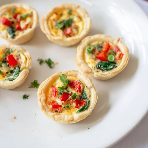 Golden-brown Easy Festive Mini Quiche Cups, filled with savory cheese and colorful veggies, ready to eat.