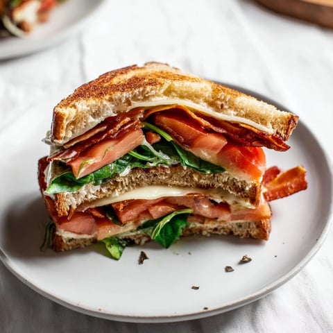 Golden, crispy Turkey Bacon, Spinach & Tomato Grilled Cheese ready for a warm, savory bite.