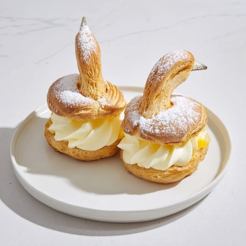 Golden, baked Feathered Friend Swan Pastry Platter, filled with vanilla cream and dusted with powdered sugar, ready to eat.