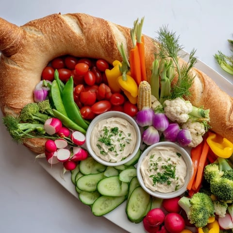 Vibrant Cornucopia Veggie Board filled with colorful raw vegetables, perfect for a Thanksgiving appetizer.