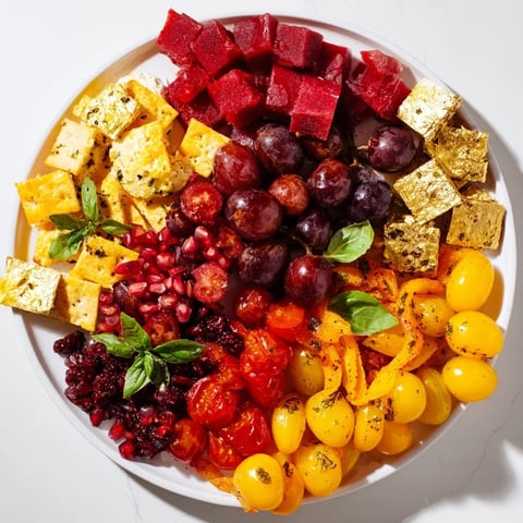 Crimson & Gold Gala appetizer: a vibrant cheese board with red cherries, golden peppers, and fresh basil.