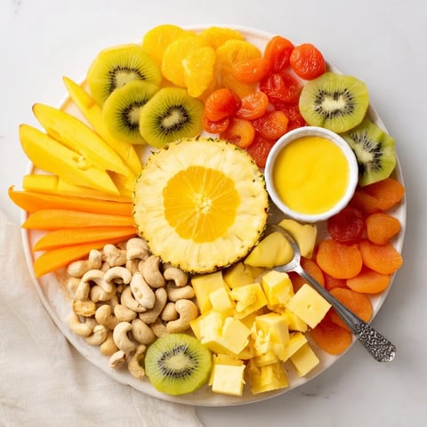 A vibrant Sunny Yellow Citrus Burst grazing board overflowing with colorful fruits, cheeses, and crackers.