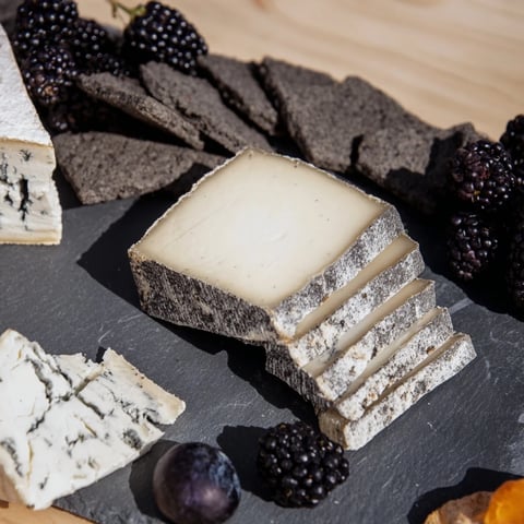 Elegant Monochrome Gray Stone Cheese Board, artfully arranged with ash-rinded cheeses, ready to serve.