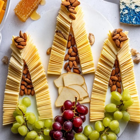 Art Deco Arch Cheese Platter with stacked cheeses and colorful fruits, perfect appetizer.