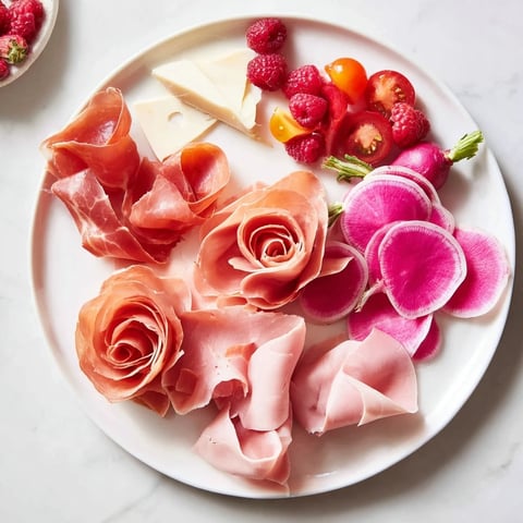 Pink Petal Watercolor Wash appetizer platter with thinly sliced meats, cheeses and vibrant pink fruits.