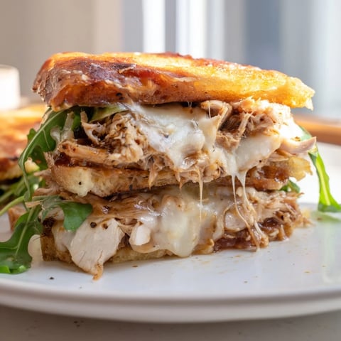 Golden crust Leftover Pizza Chicken Sandwich with melted cheese and fresh arugula, looks irresistible.
