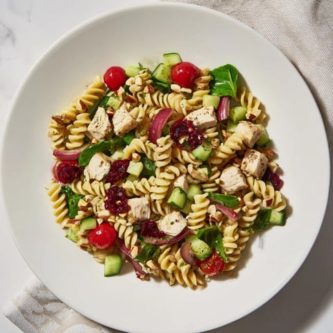 Pasta salad with cranberry vinaigrette, perfectly chilled, features rotini, chicken, and fresh veggies.