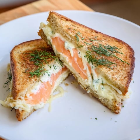 Golden, crispy Smoked Salmon Grilled Cheese sandwich with melted cheese and fresh herbs, perfect lunch.