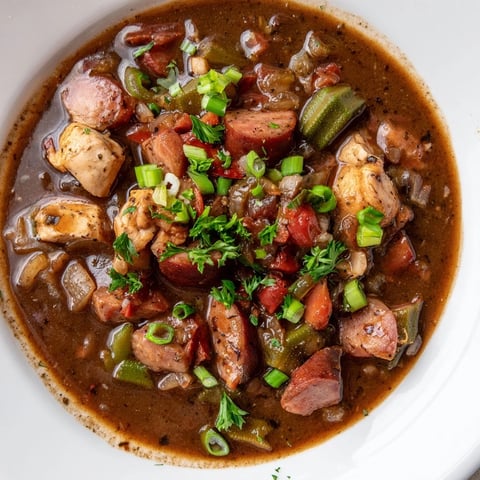 Steaming bowl of Gumbo Okra Soup with tender chicken and sausage; a rich, dark broth.