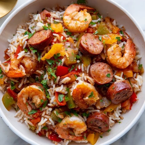 Golden-brown and savory Jambalaya Skillet showcasing plump shrimp, sausage, and vegetables simmered with rice.