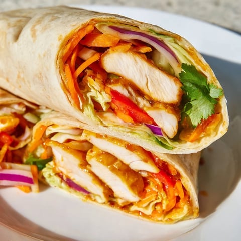 Freshly assembled Honey Sriracha Chicken Wrap with tender glazed chicken, crisp lettuce, and colorful veggies on a soft tortilla.