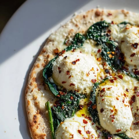 Golden-brown spinach ricotta pizza fresh from the oven, with melted mozzarella and creamy ricotta on a crisp, garlic-buttered crust.