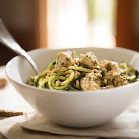 Golden-brown sautéed chicken and zucchini noodles coated in vibrant green basil pesto in a white bowl.