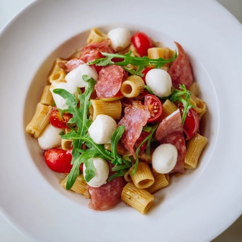 Bright Spring Antipasto Pasta Salad served in a white bowl, featuring ditalini, arugula, salami, mozzarella, and pickled vegetables.