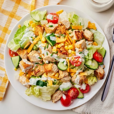 Freshly chopped Ranch Chicken Chopped Salad with grilled chicken, corn, cheddar, and creamy Greek yogurt ranch dressing.  