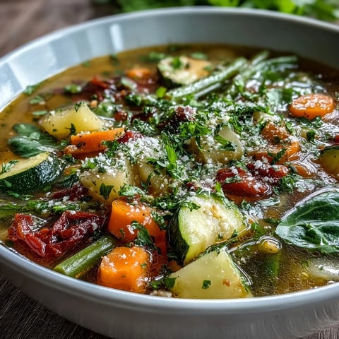 A steaming bowl of Italian Herb Vegetable Soup brimming with colorful vegetables and fresh parsley garnish, ready to serve.