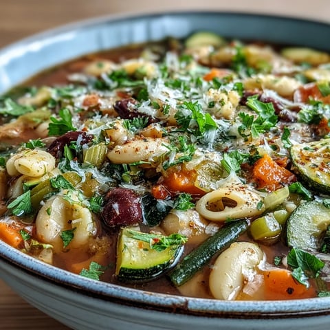 Steaming bowl of Vegetable Minestrone Variations, featuring tender pasta, creamy beans, and colorful seasonal vegetables in a rich tomato broth.