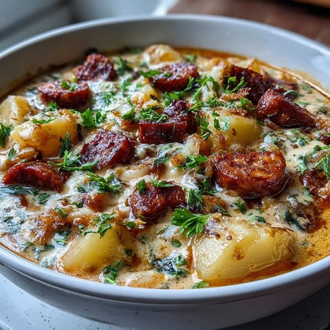 Creamy Potato, Leek and Chorizo Soup served hot in a rustic bowl with fresh parsley garnish.